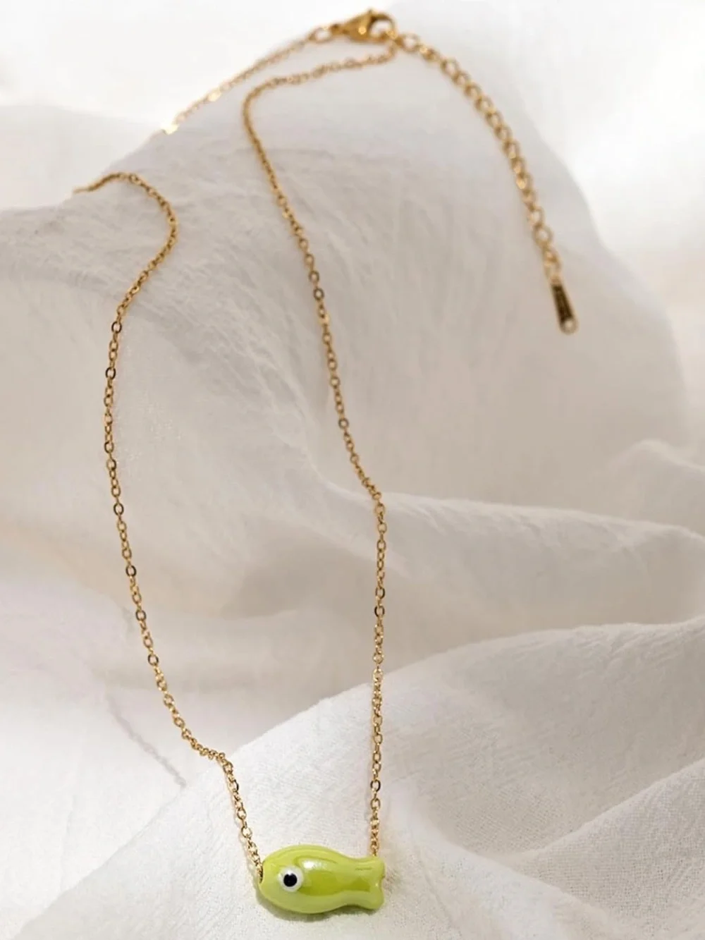 Waterproof Gold Chain Necklace with Green Fish Pendant